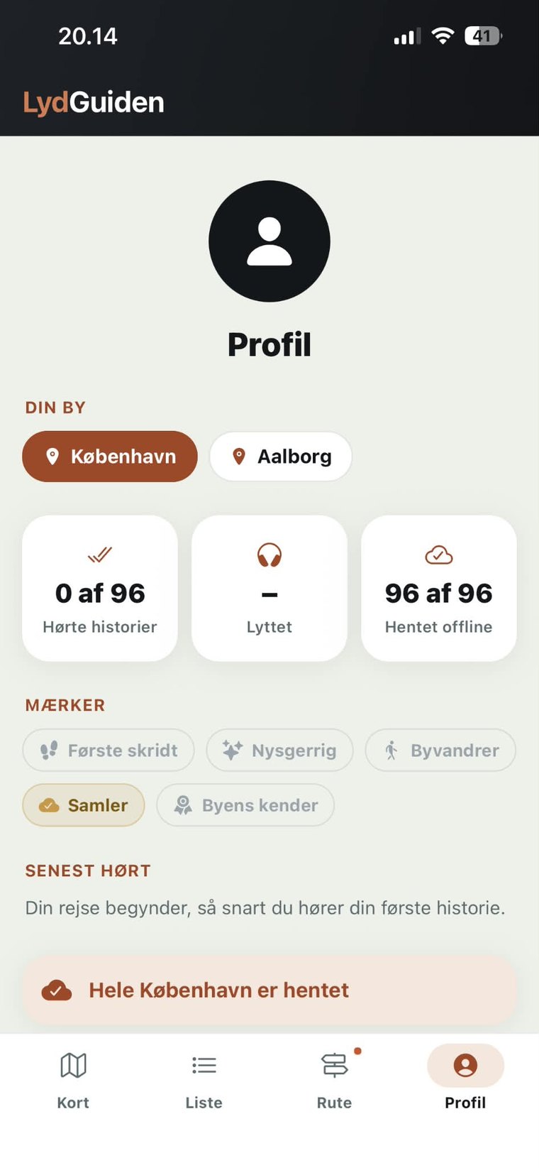 Profilen i appen: din by, hørte historier og hele København hentet offline