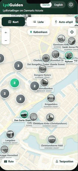 Kortet i appen: København med grønne nåle, der kan afspilles, og grå der er på vej
