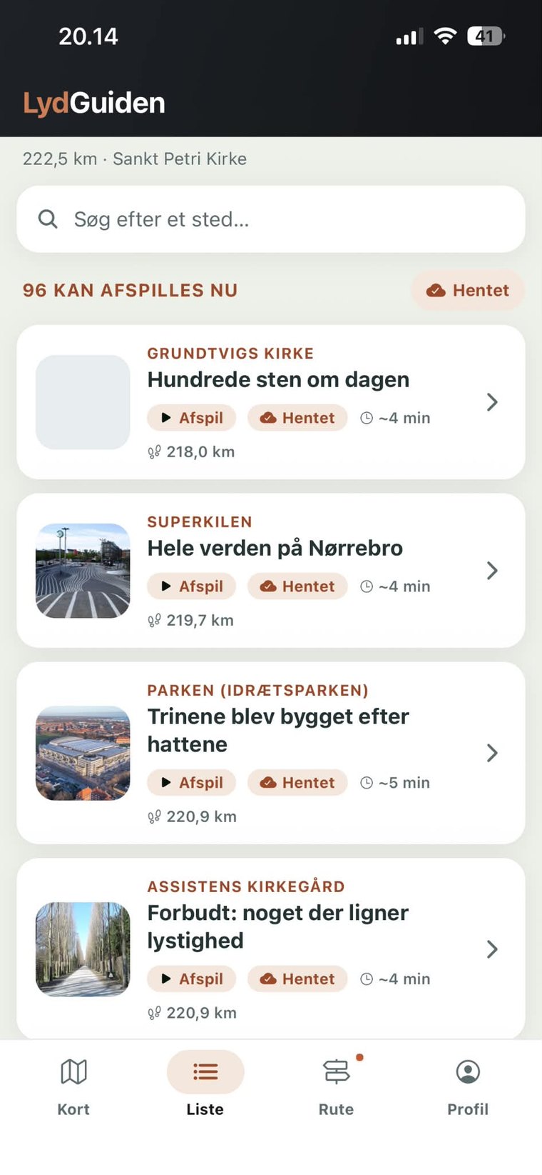 Liste i appen: 96 historiske steder i København, alle hentet til offline lytning