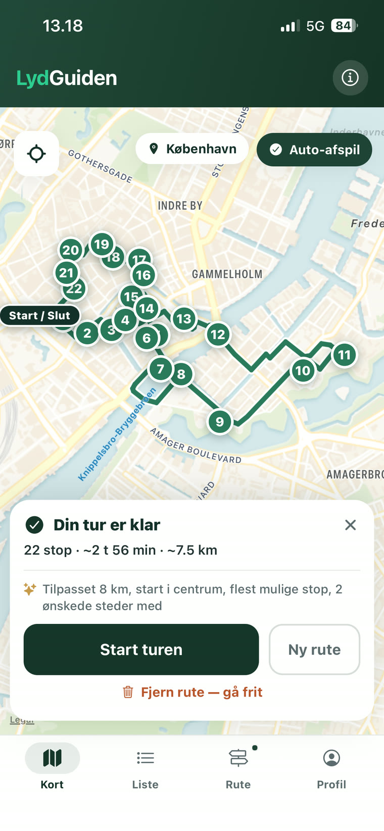 LydGuidens kort over København med en genereret gåtur og 22 nummererede stop